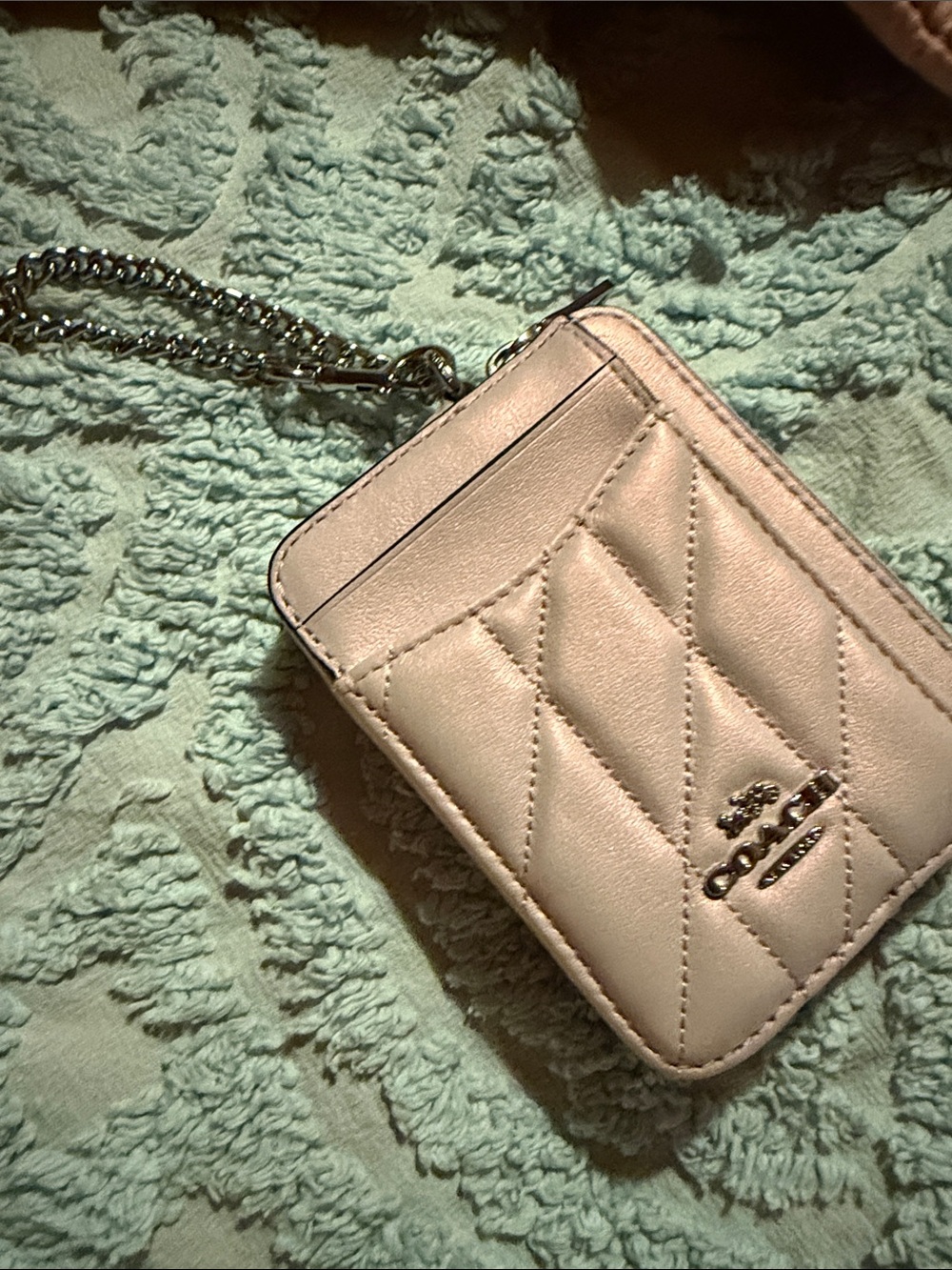 Coach Quilted Card Case Crossbody in Pale Pink with Chain Strap